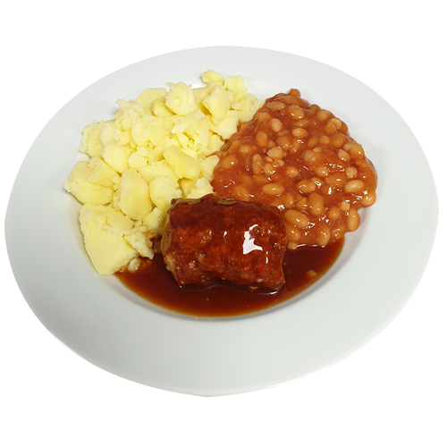 Boomstam (v) vleesjus,witte bonen in tomatensaus  en aardappelen gekookt